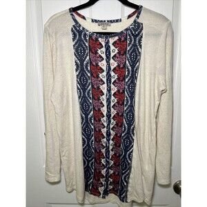 Lucky Brand Knit Button Up Long Sleeve Shirt Women's 1X Boho Print Roll Tab